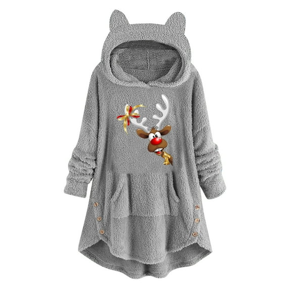 Fesfesfes Women Hooded Casual Printing Cat Ears Plush Buttons Long Sleeved Hooded Plush Coat Top Plus Size $10