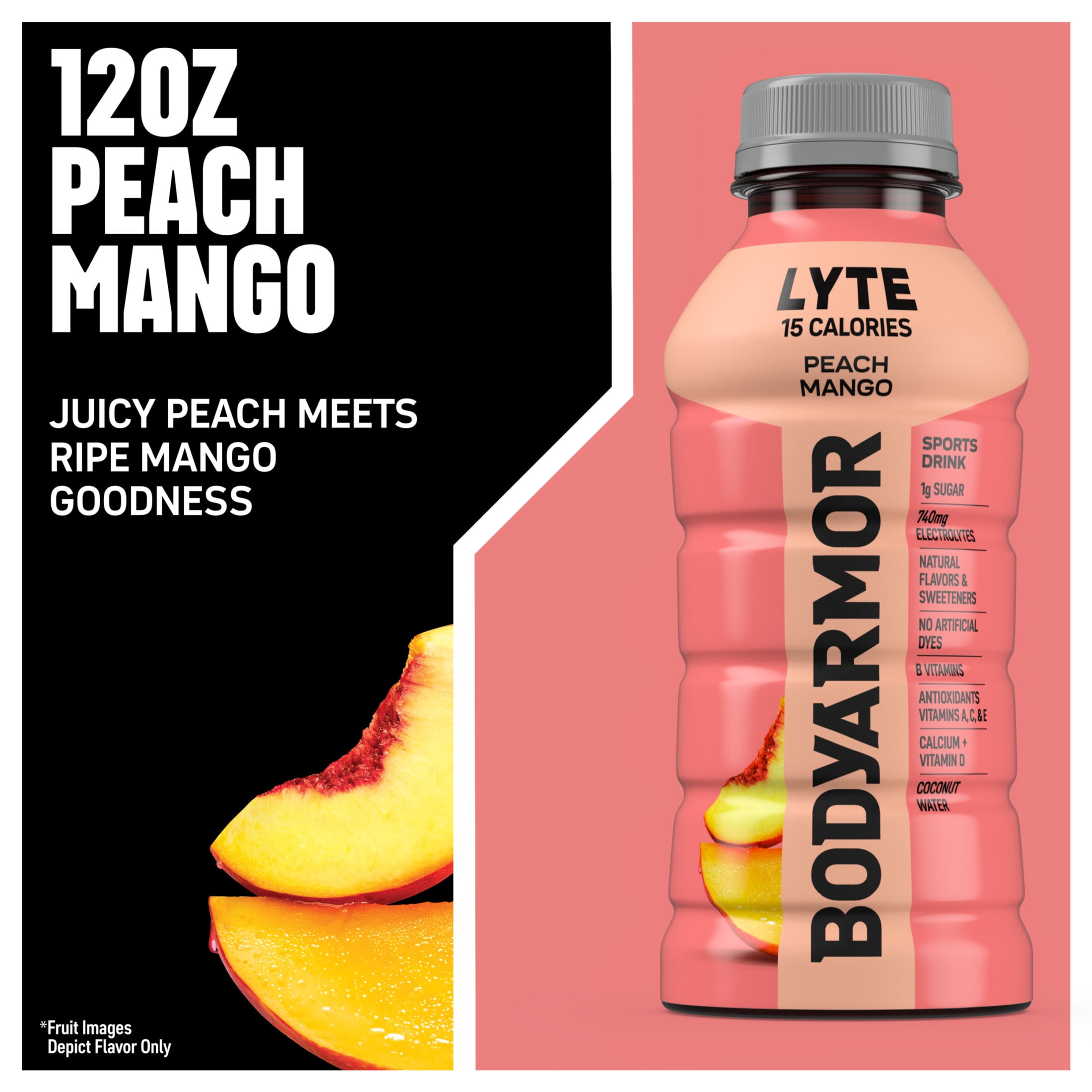 BODYARMOR Lyte Peach Mango Electrolyte Sports Drink Bottles, 12 fl oz, 8 Pack