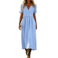 thumbnail image 2 of Xdegoge Linen Vintage Solid Color V Neck Short Sleeve Maxi Dress for Women Button Down Summer Boho Sundress Flowy A Line Long Dress with Pockets Casual Daily Vacation Wear, 2 of 7