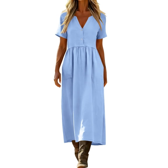 Admvng Women's Linen Dresses Button Short Sleeve V Neck Casual Dress with Pockets