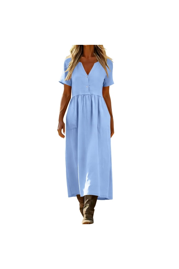 Women's Cotton Maxi Dress Linen Button Down V Neck Loose Long Dress with Pocket Short Sleeve Bohemian Summer Beach Blue