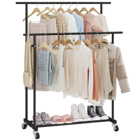 Double Rod Garment Rack, Rolling Clothes Rack with Wheels, Portable Clothing Organizer with Bottom Shelf, Movable Wardrobe Rack for Bedroom Living Room Clothing Store, Black