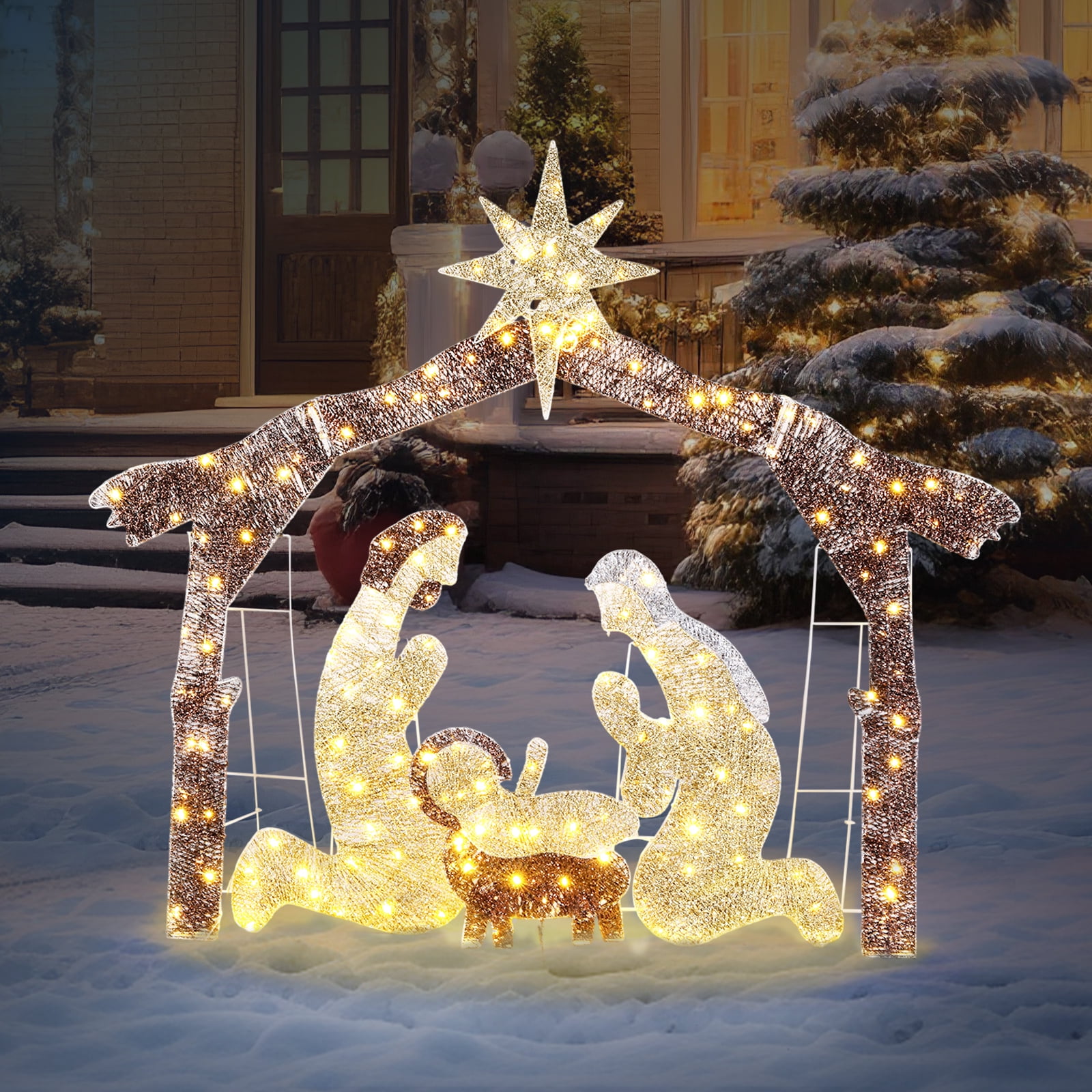 6ft Christmas Nativity Scene Decoration Brown Roof with 190 LED Lights Durable Garden Jesus Mary Joseph Set Easy-Install Reusable Outdoor Holiday Decor