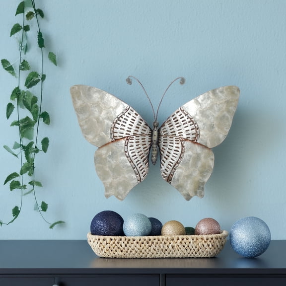 Eangee Home Design Butterfly Wall Decor Silver With Rust Dashes, Capiz and Metal, Indoor / Outdoor Safe, 18x1x13 Inches