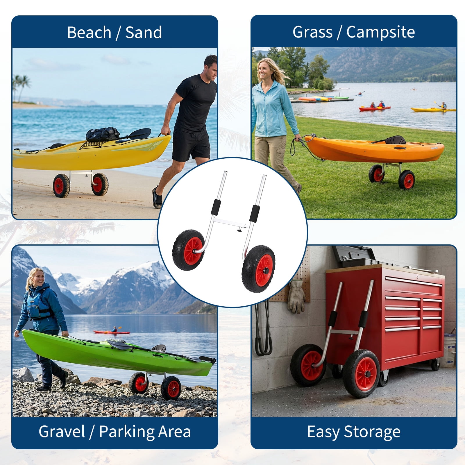 Adjustable Kayak Trolley for Beach, 220 lbs Load, 10" Solid PU Tires, Foam Pads Included