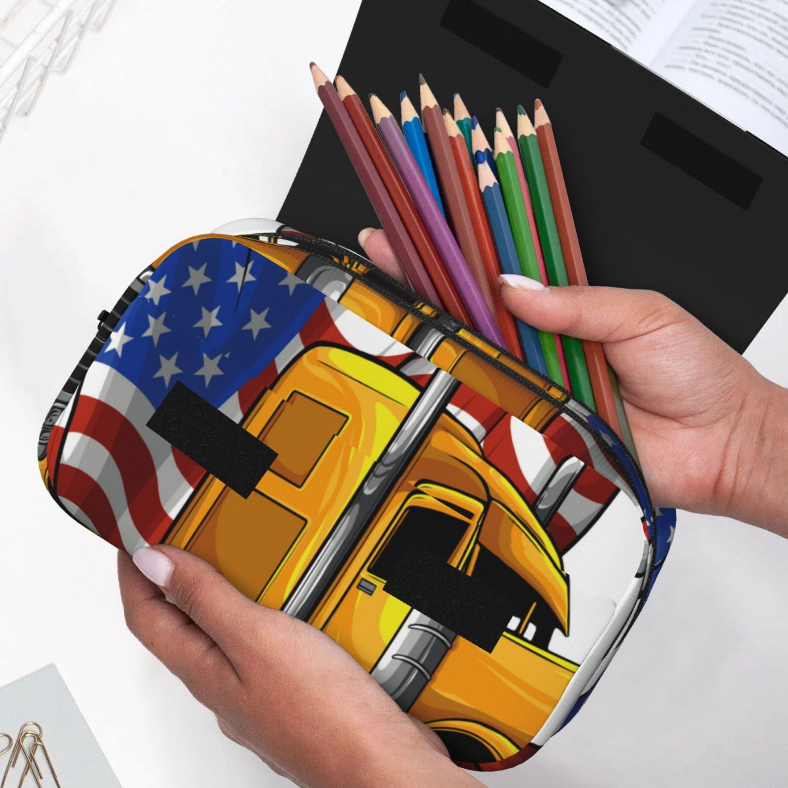 Rateoe American Truck Pattern Double Clamshell Pen Case, Storage Organizer with Two Zipper Compartments– Holds Up to 50 Pencils & Pens