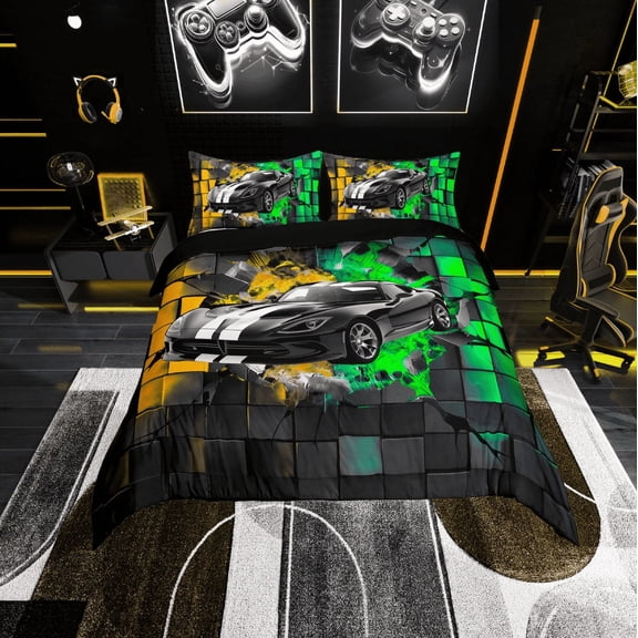 Erosebridal Racing Car Comforter Cover Twin,Geometric Buffalo Bedding Twin Size,Golden Green Duvet Cover Twin,Lightweight Car Room Decoration,Reversible,3pcs(No Comforter)