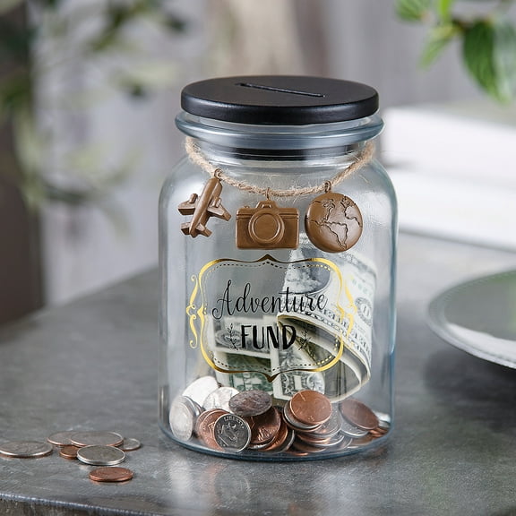 3 1/2" x 6" Clear Adventure Fund Glass Jar with Black Rubber Lid
