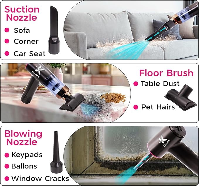 Handheld Vacuum Cleaner Cordless Dual Suction 7.5K & 12K Pa with Blower, Inflator & Deflator, Portable Cleaning Tool for Home, Office, Kitchen & Car, Black