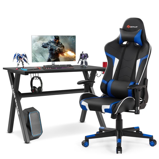Goplus X-Shaped Gaming Desk & Racing Style Massage Chair Set Home Office Black+Blue