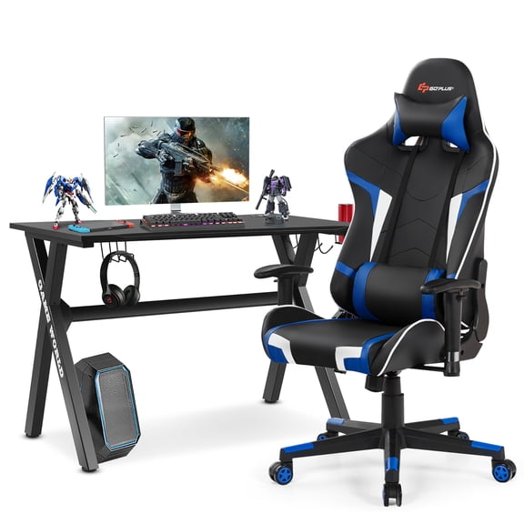 Goplus X-Shaped Gaming Desk & Racing Style Massage Chair Set Home Office Black Blue