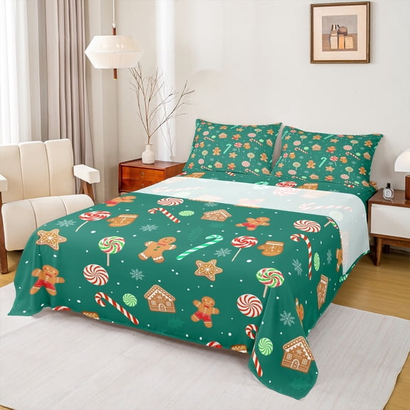 Feelyou Lollipop Candy Full Size Sheets, Kawaii Gingerbread Man Bed Sheets, Cartoon Christmas Style Sheet Sets, Lightweight Room Decor, 4 Pieces