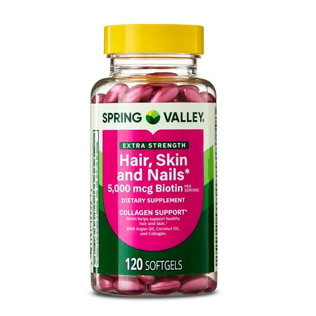 Spring Valley Extra Strength Hair Skin & Nails Collagen Support Softgels, 5000 Mcg Biotin, 120 Count