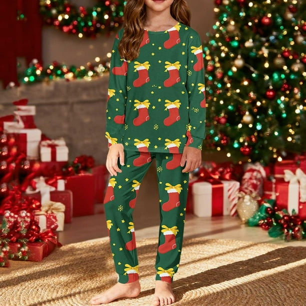 Conjuntos de blusas y camisas de cuello redondo y manga larga con estampado navideño para niños Camisa de manga larga con cuello redondo y cintura elástica Pantalones largos Conjunto de traje de casa