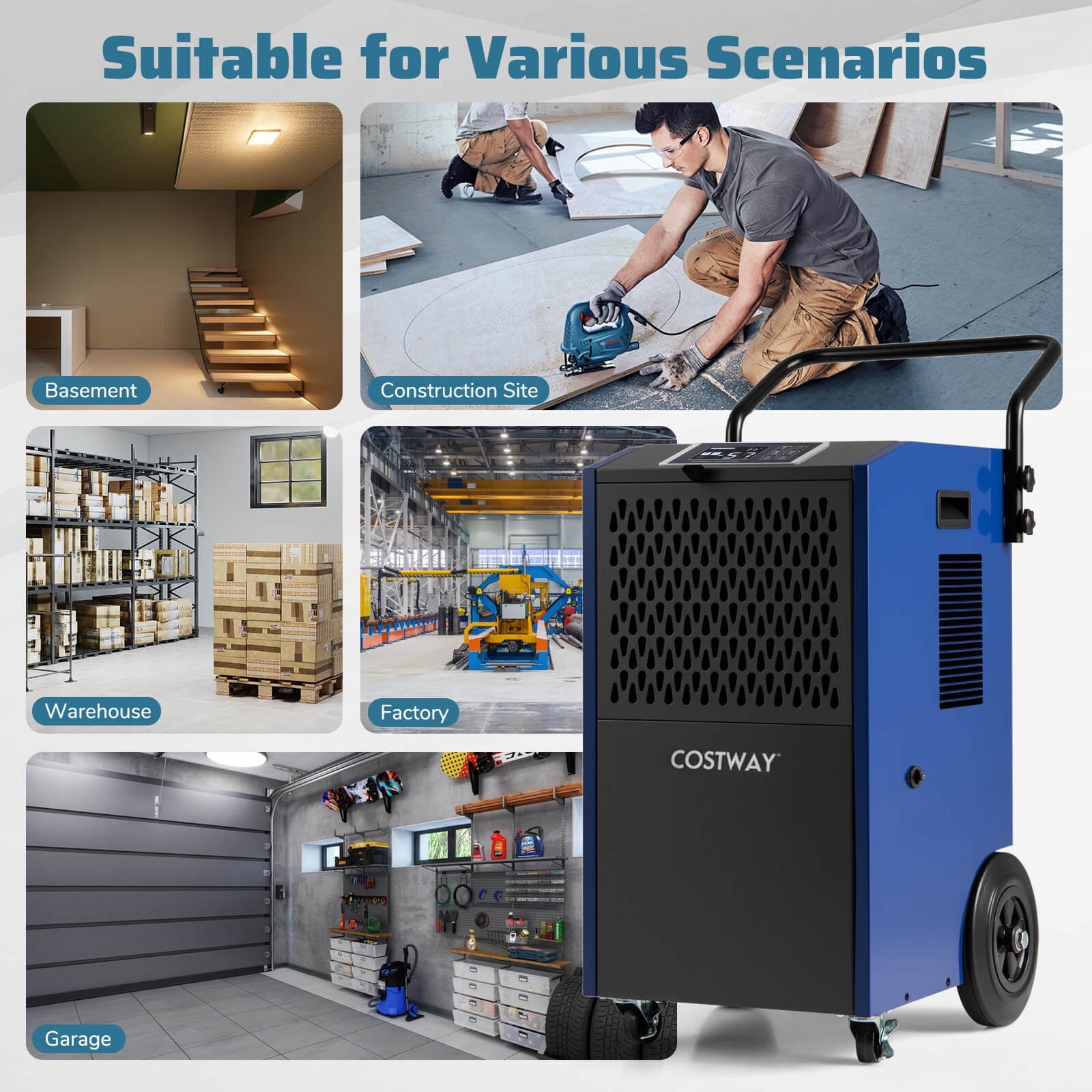 Costway 49-Pint(DOE) Commercial Dehumidifier with Pump Drain Hoses for Basements Job Sites 7,500 Sq.ft Coverage Area (MAX 154Pint at 95°F, 90%RH)