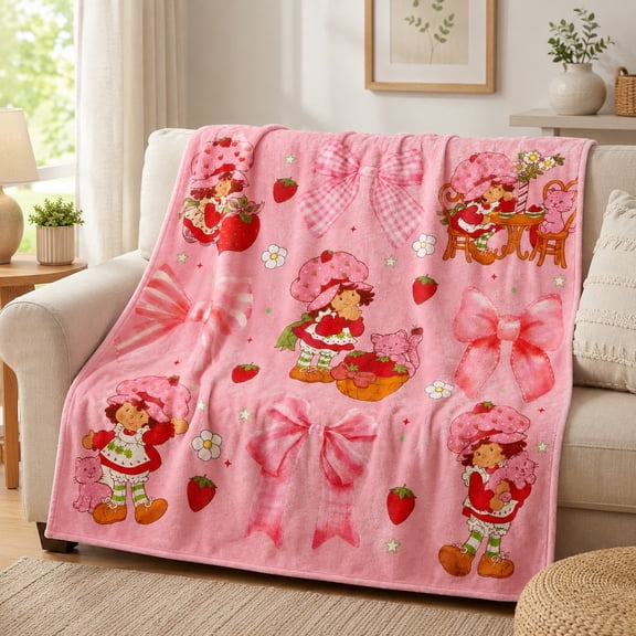 Pink Strawberry Bow Fleece Throw Blanket, Soft 280 GSM Polyester, Couch and Bed Home Decor