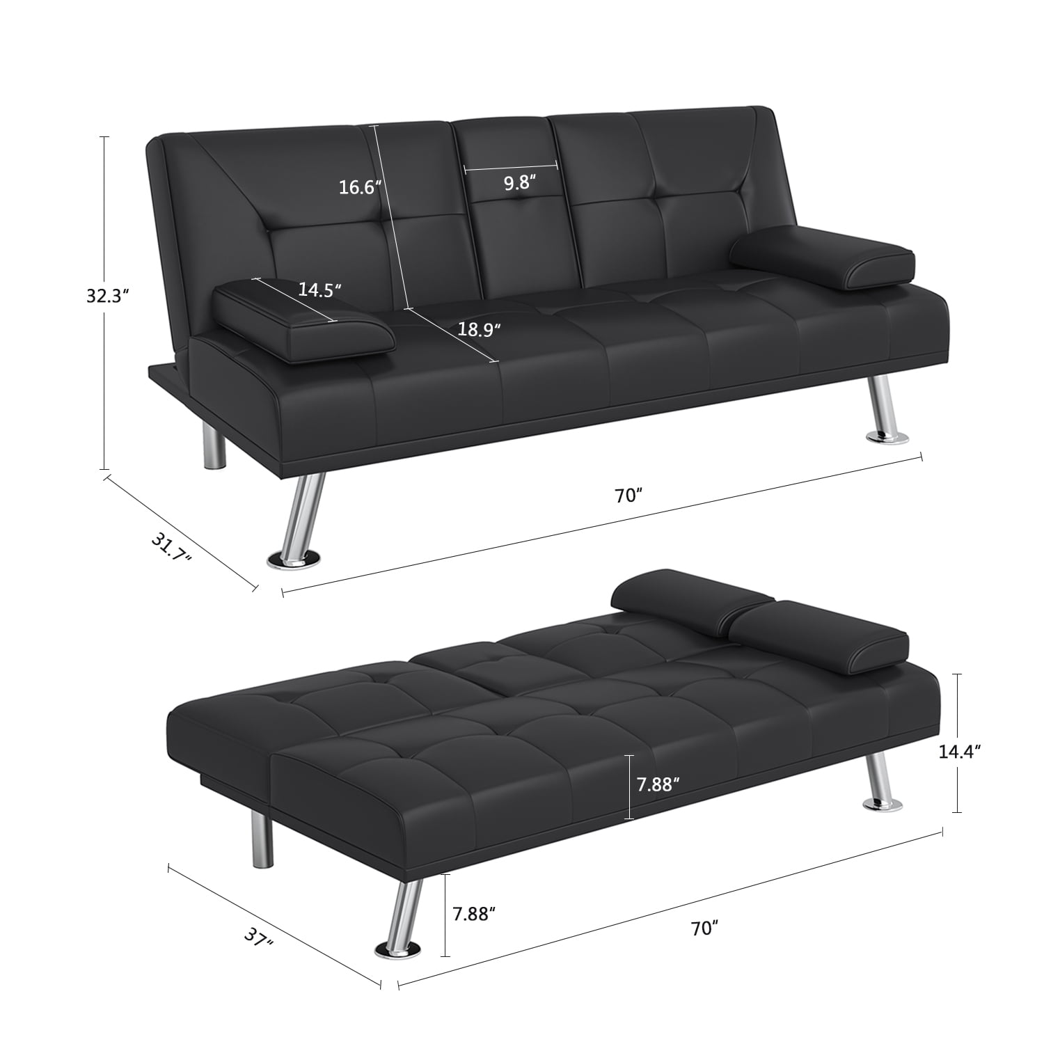 Kadyn Modern Faux Leather Futon Sofa Bed, Convertible Folding Sofa Couch with Cupholders and Pillows, Loveseat for Home, Living Room, Apartment, Black