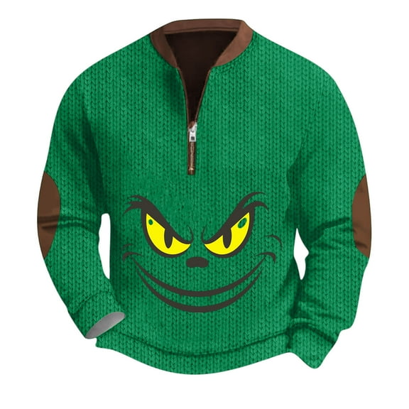 Mens Holiday Sweatshirt Xmas Graphic Print Sweatshirt Long Sleeve Quarter Zip Stand Collar Pullover Dark GreenLarge