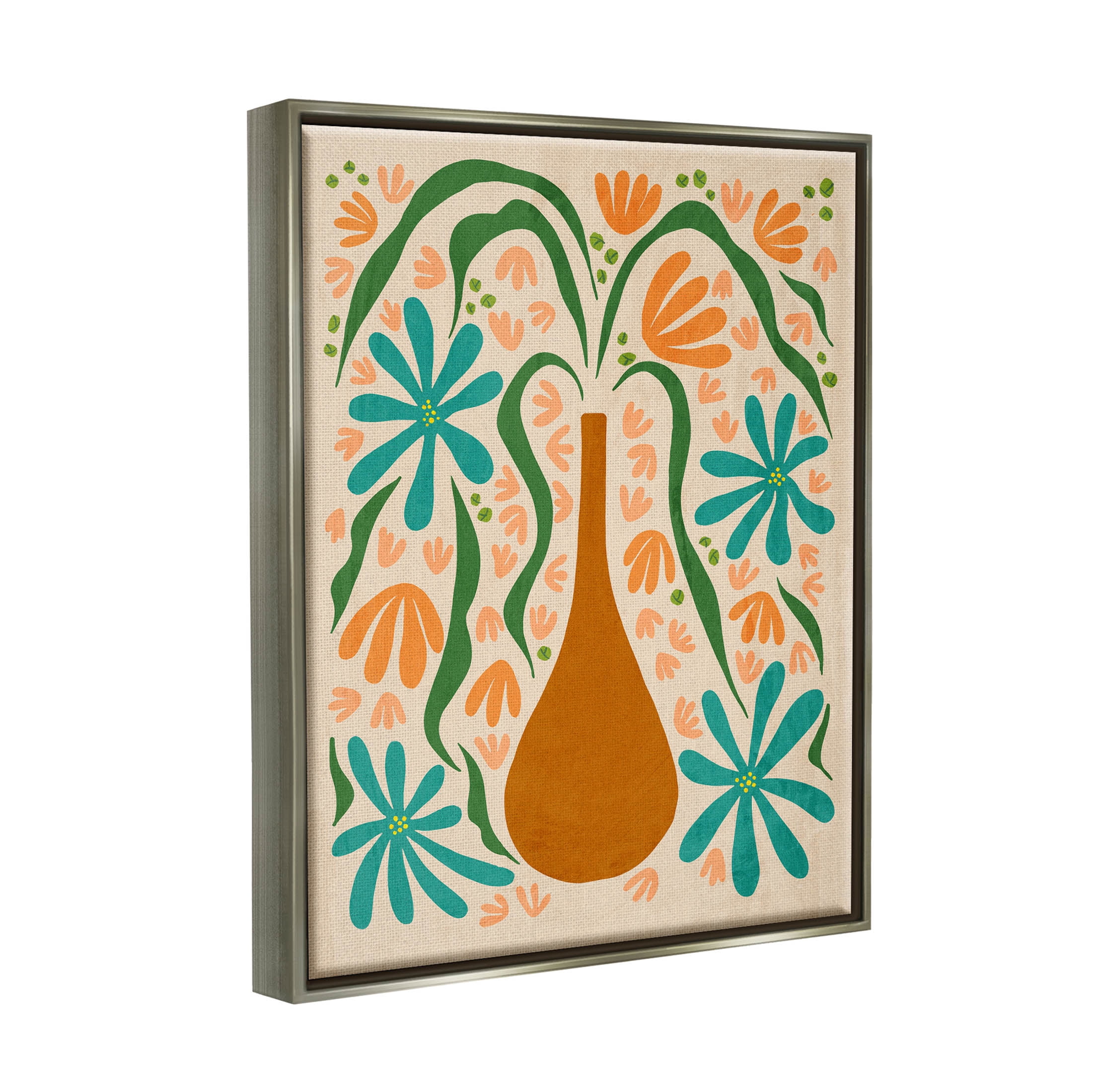 Stupell Industries Retro Floral Shapes Vase Graphic Art Luster Gray Floating Framed Canvas Print Wall Art, Design by Ziwei Li