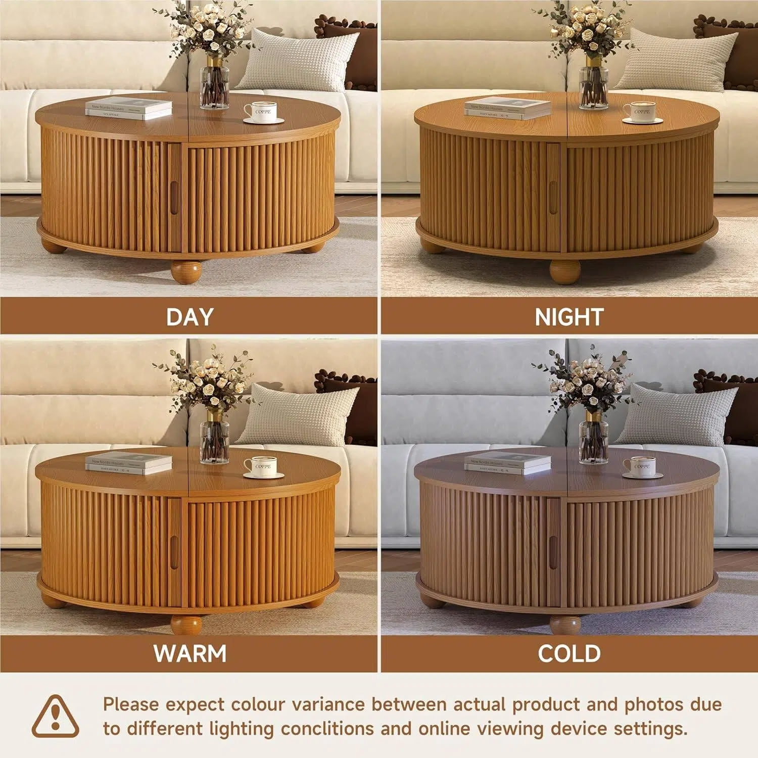 AISWORD 31.5" Fluted Round Coffee Table with Storage, Mid Century Modern Lift Top Drum Accent Table for Living Room Small Space, Yellow