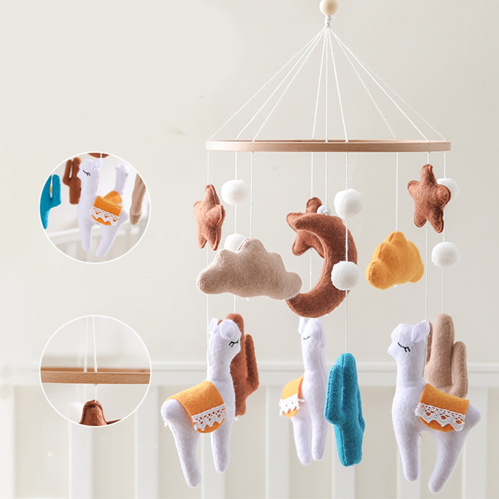 Newborn-Friendly Mobile Toy, Soft Felt Alpacas with Gentle Bells for Visual Development & Chewing