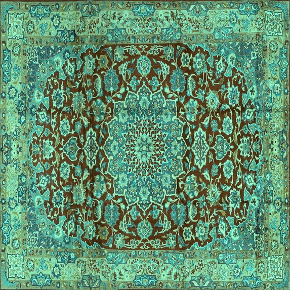 Ahgly Company Indoor Square Medallion Turquoise Blue Traditional Area Rugs, 5' Square