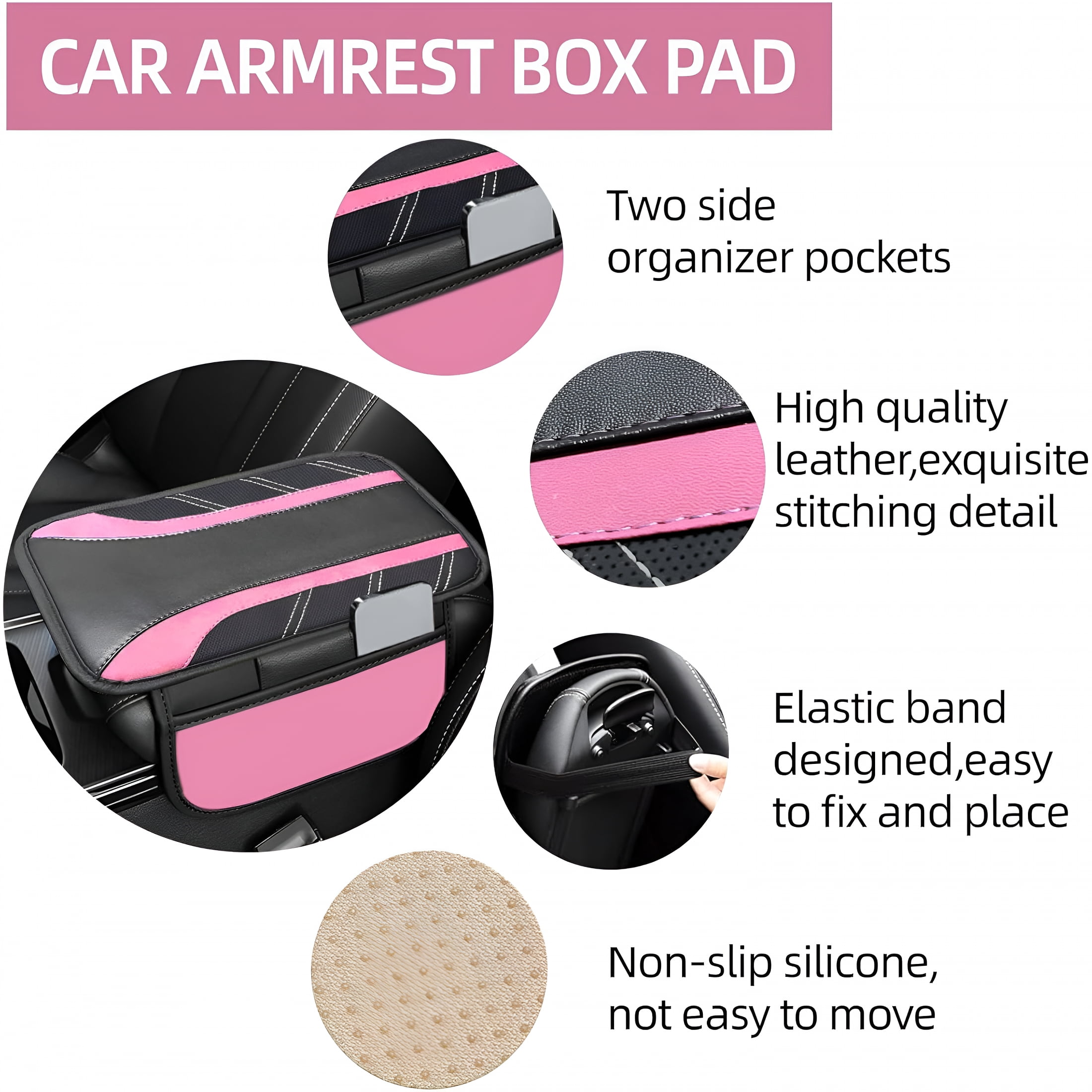 LADYGYM 2026 New 6 Pcs Pink Car Accessories Set,Sport Leather Steering Wheel Cover 14.5-15Inch Universal,Microfiber Leather Car Center Console Cover,Seat Belt Cushion,Cup Holder Coaster(Black-Pink)