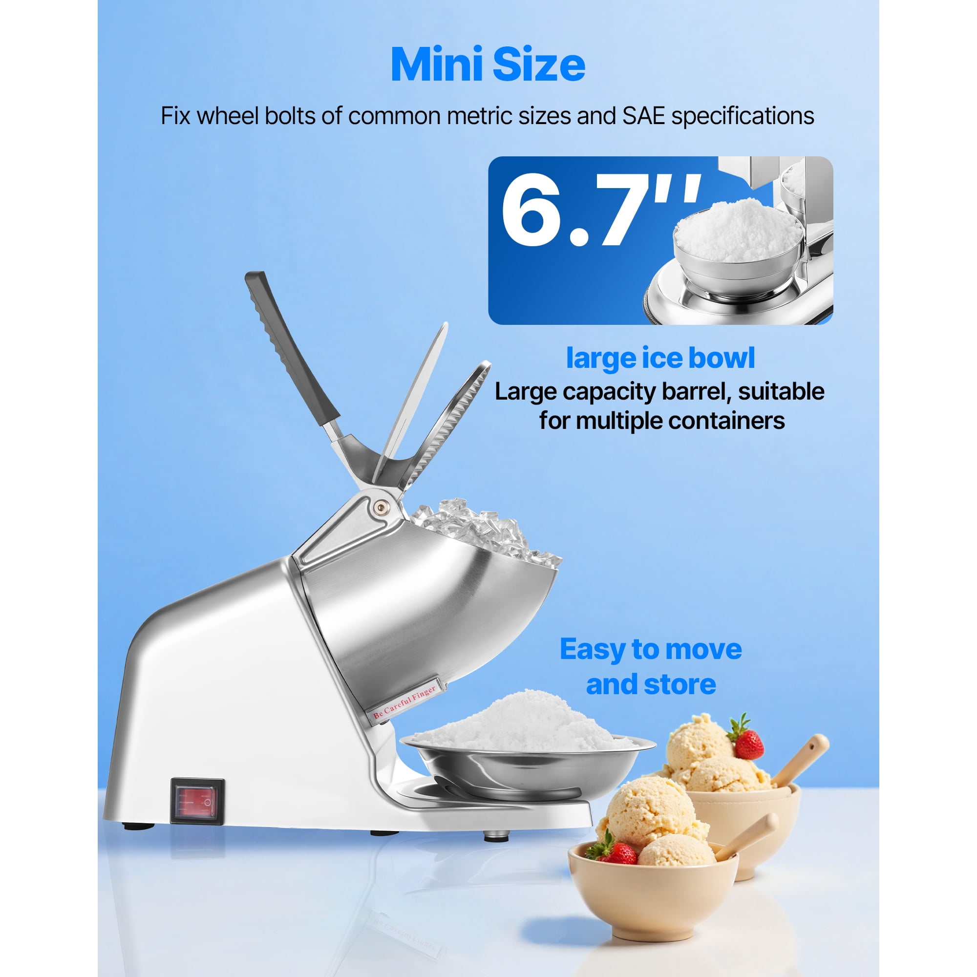 KFFKFF Electric Ice Crusher Machine, 286lbs/hr Shaved Ice Maker with 4 Blades, Stainless Steel Snow Cone Machine with Bowl and Cover, 300W 2000RPM for Home and Commercial Applications, Silver