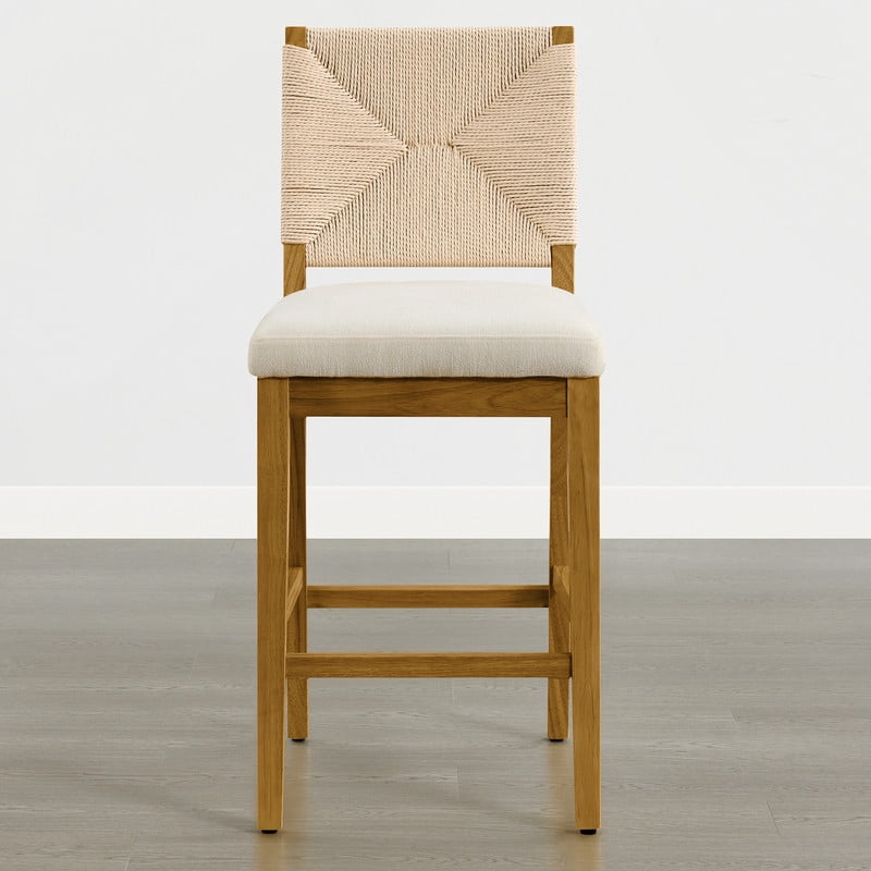Spruce & Spring 26"Boho Counter Height Bar Stools Set of 2 with Handmade Rope Back, Upholstered Seats for Kitchen Island and Home Bar, Walnut