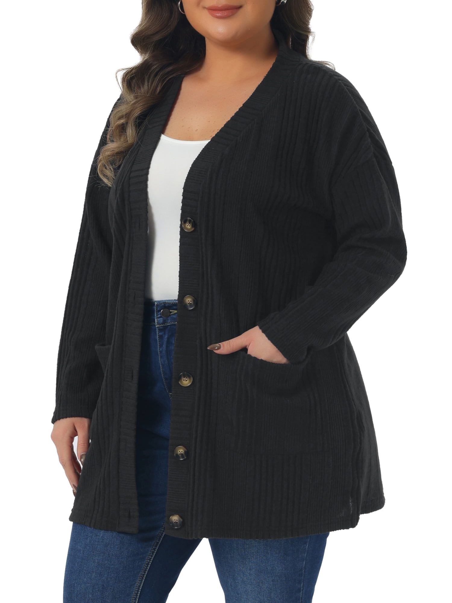 DARING DIVA Women's Plus Button V Neck Knit Cardigan with Pockets 3X Black