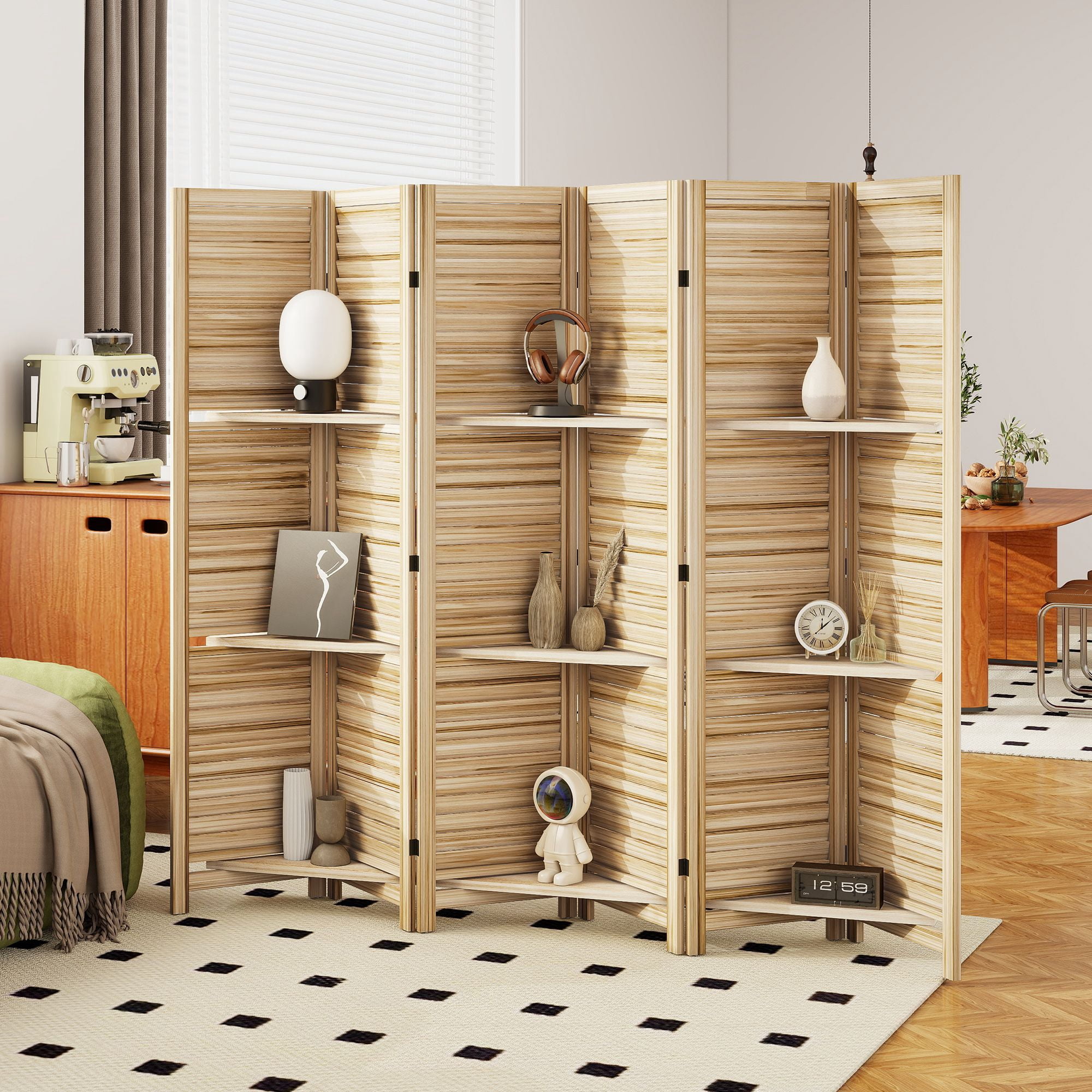 Alvantor 6 Panel Room Divider 67" Wood Privacy Screen with Storage Shelves for Porch Living Room Dorm Natural Wood