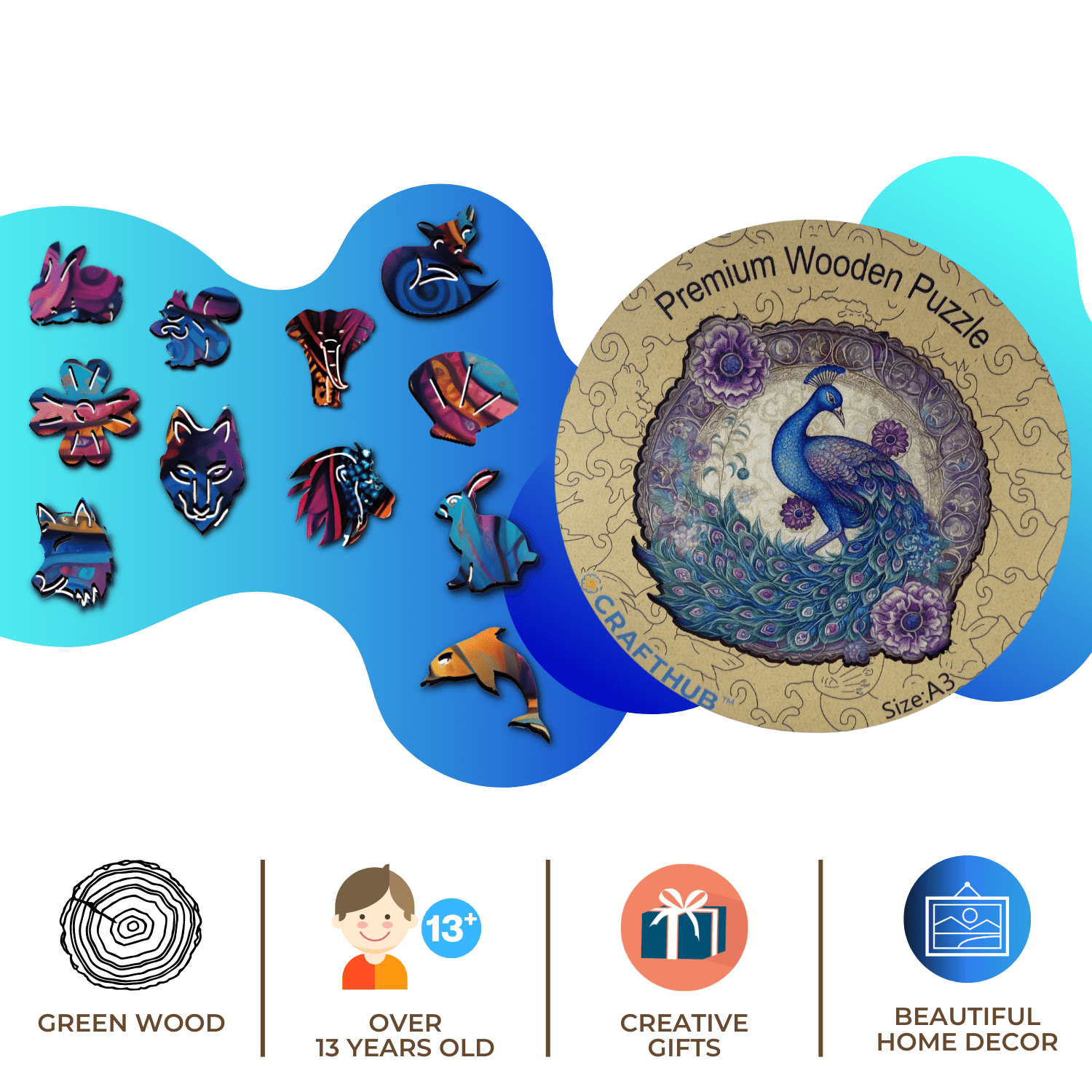 CRAFTHUB Peacock Wooden Puzzle for Adults - Wooden Jigsaw Puzzle for Ages 13+, Size: 10.8"x10.6"