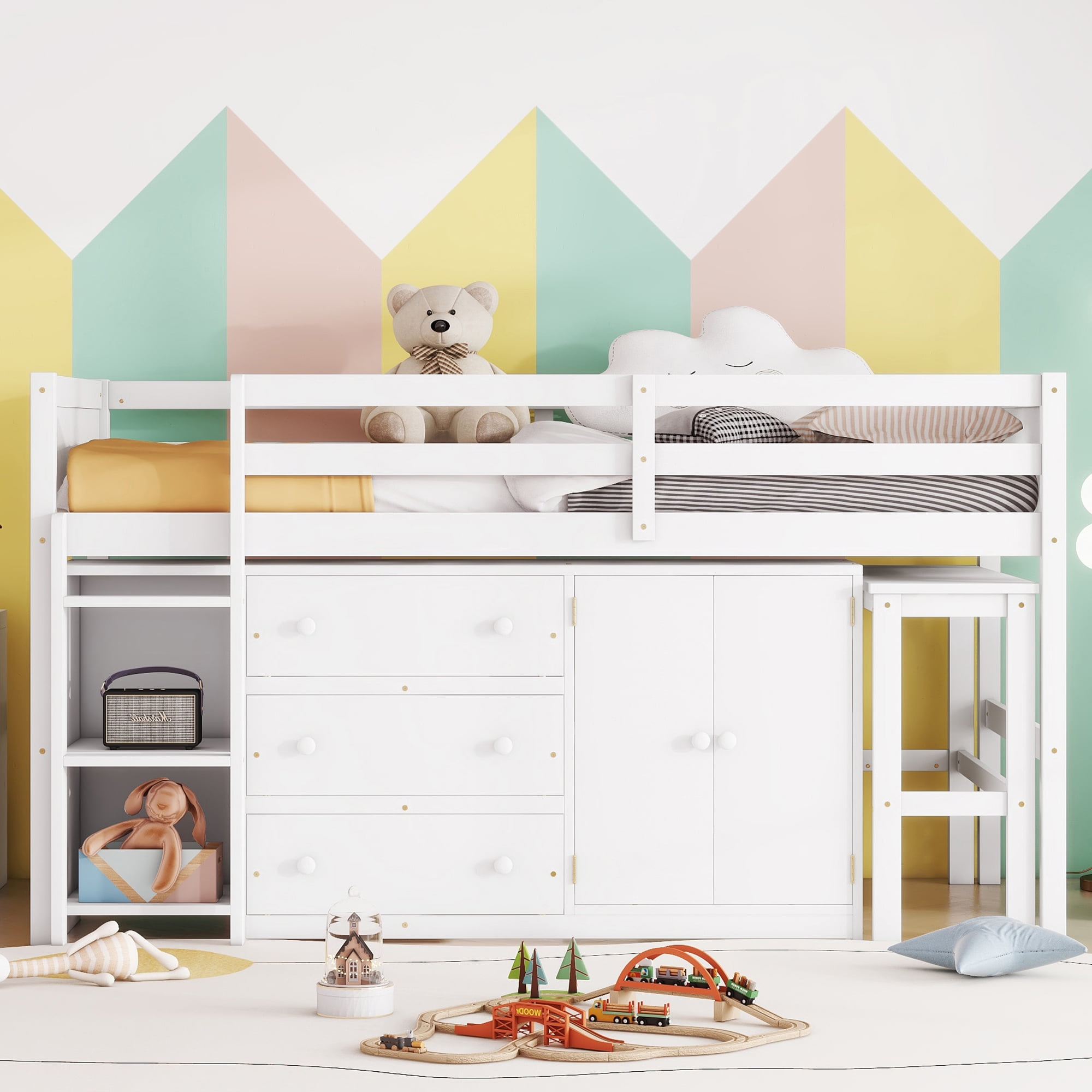 Euroco Wood Twin Size Loft Bed Frame with 3 Drawers, Portable Desk and Shelves for Kids