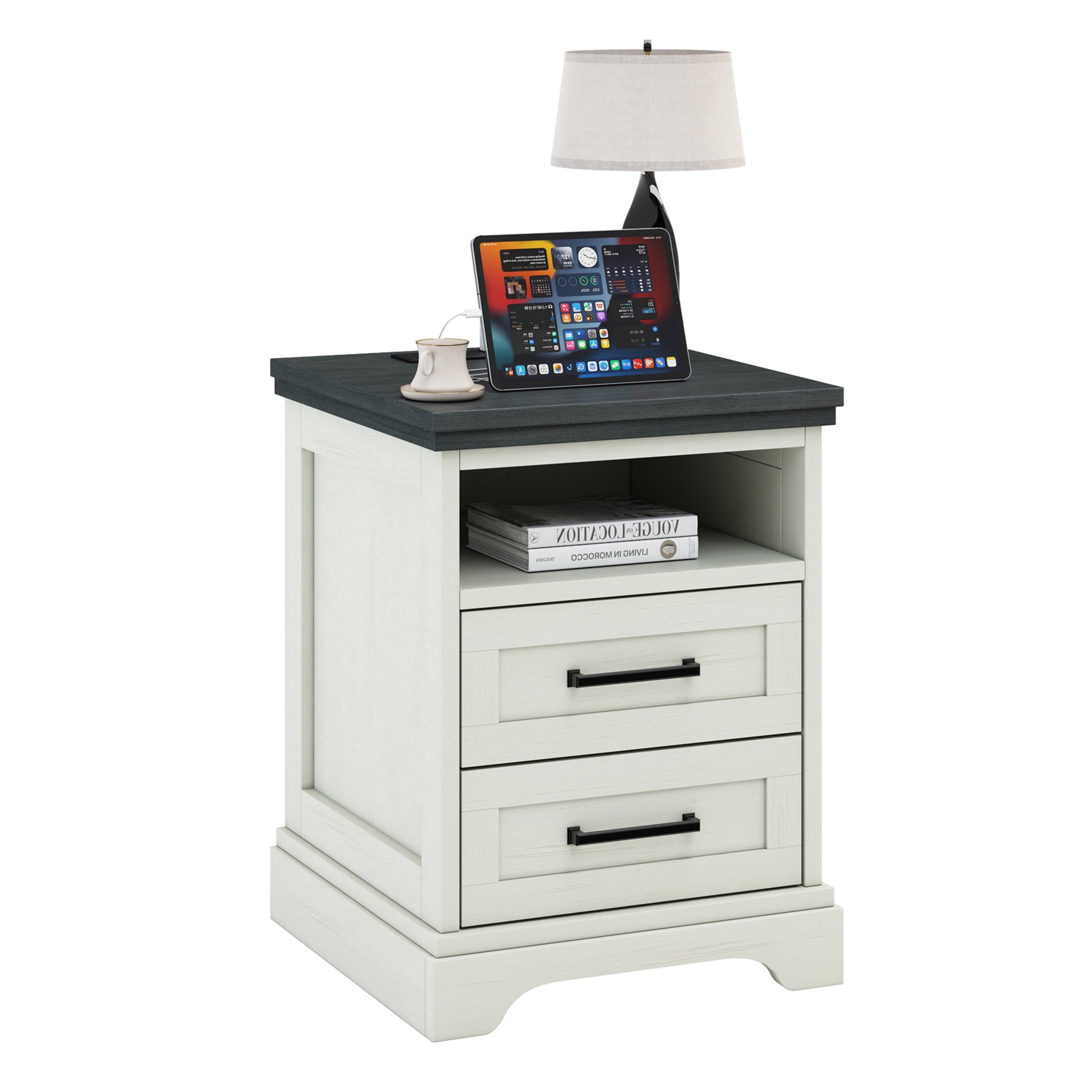 EDX 2 Drawers 24" Wood Nightstand with Drawers and Charging Station, Bedside Table for Bedroom or Living Room, White