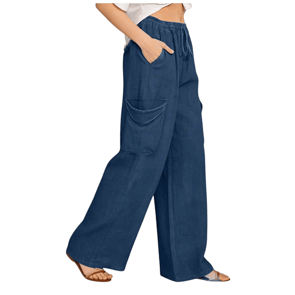 Ahabrexf Elastic Waist Dress Pants for Women Straight Leg, Imitation Denim Loose Fit Solid Color with Drawstring and Large Pocket