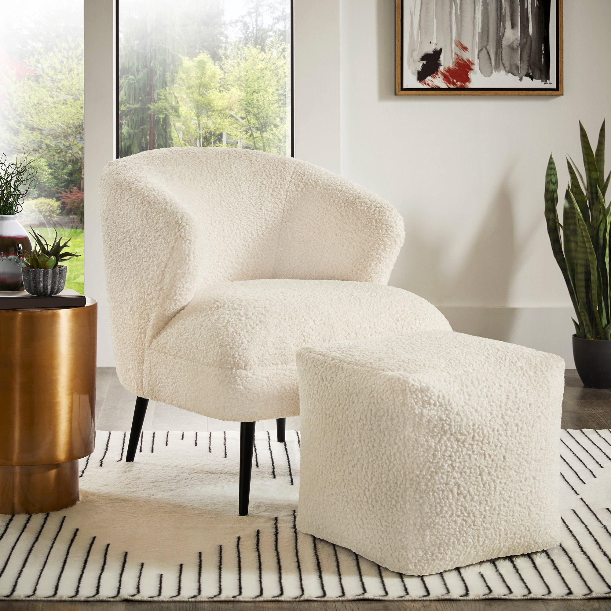 Weston Home Ditmars Modern Boucle Accent Chair with Cube Pouf Footrest, White