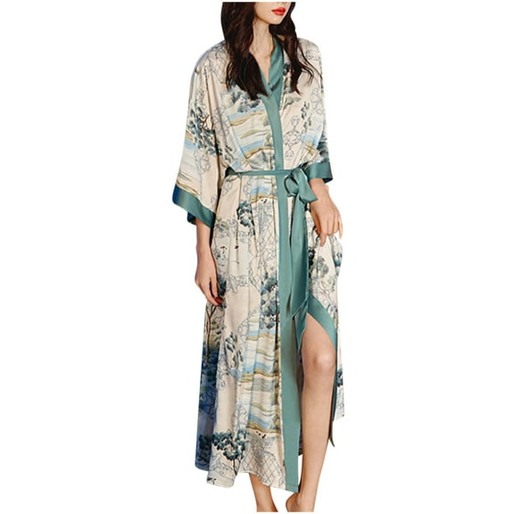 Odeerbi Satin Kimono Robes for Women Lightweight Long Bathrobe Casual Soft Loungewear Home Wear Long Sleeve Long Gown Pajamas Gray