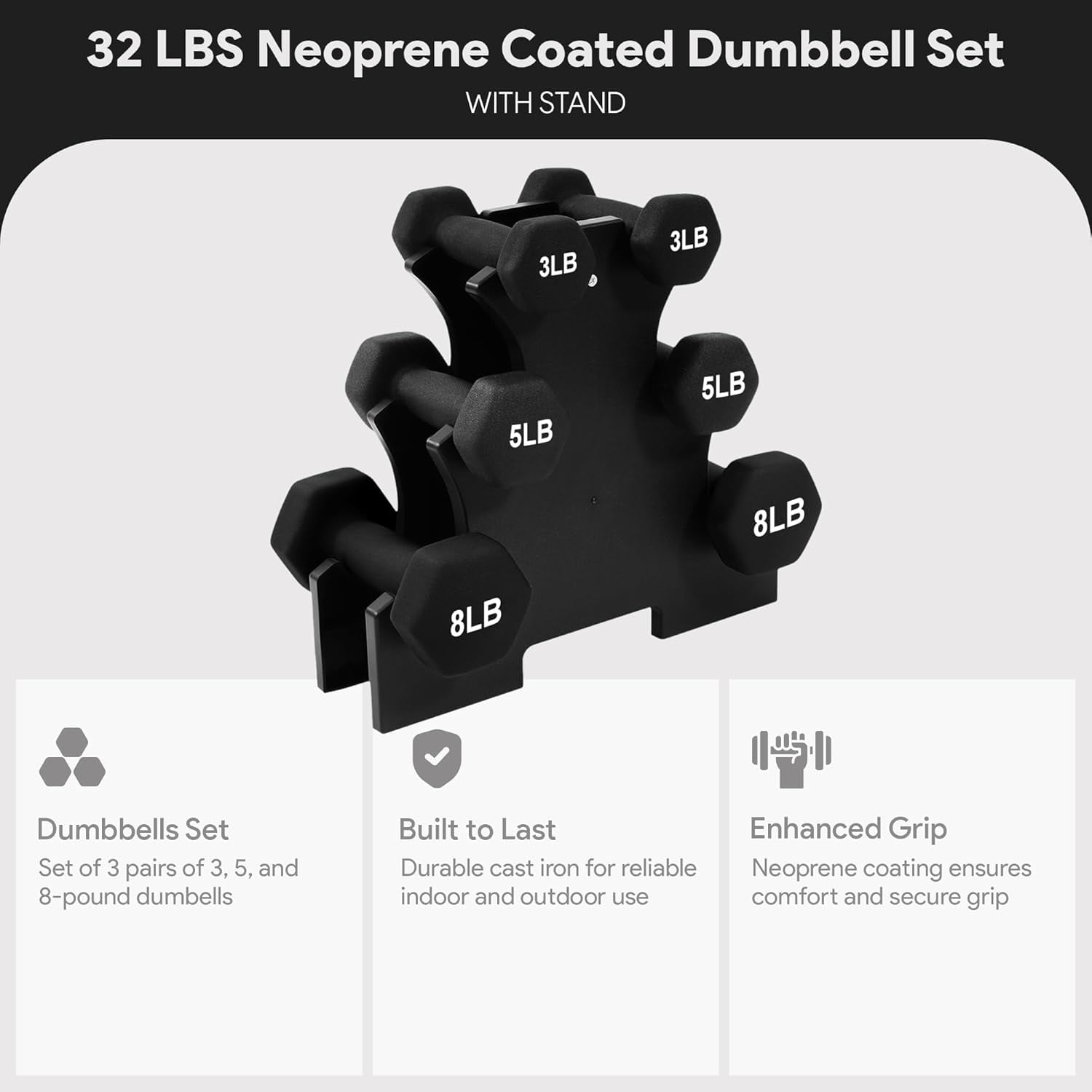 Neoprene Coated Hex Dumbbell Set with Stand, 32lb Total (3/5/8lb Pairs), Non-Slip Grip Hand Weights for Strength Training & Home Gym Workouts