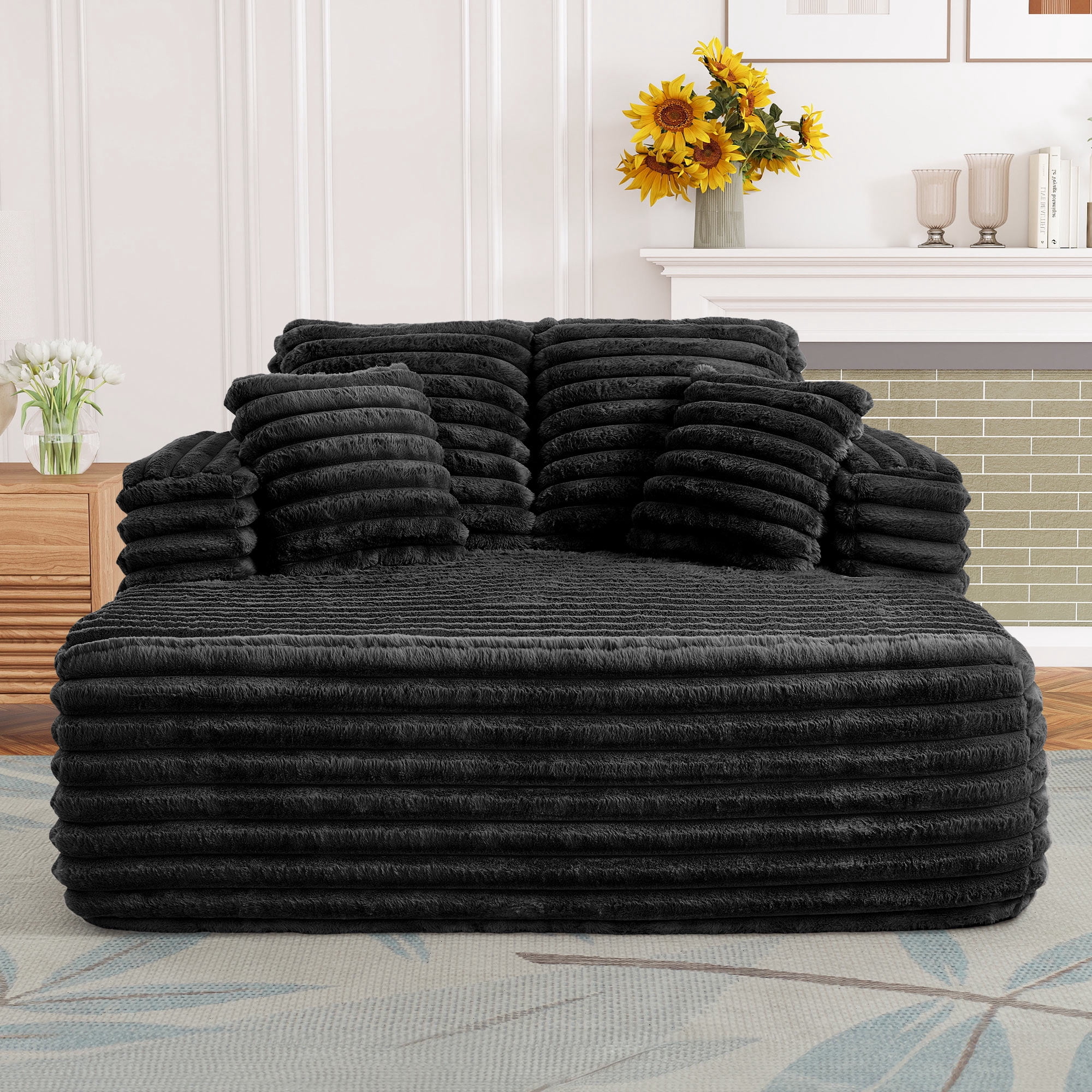 Muumblus Oversized Chaise Lounge Chair Indoor Furniture, No Assembly Required, Plush Corduroy Upholstered Sofa Bed Cozy Sleeper Couch for Living Room, Bedroom, Black
