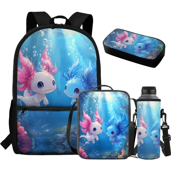 Yuyamidu Blue Pink Axolotl Backpack for Girls with Lunchbox Middle School Bookbag Set for 4th Grade Girls Lunch Boxes for School 10-12 Pencil Case Water Bottle Bag 4 Piece School Bag Set for Kids