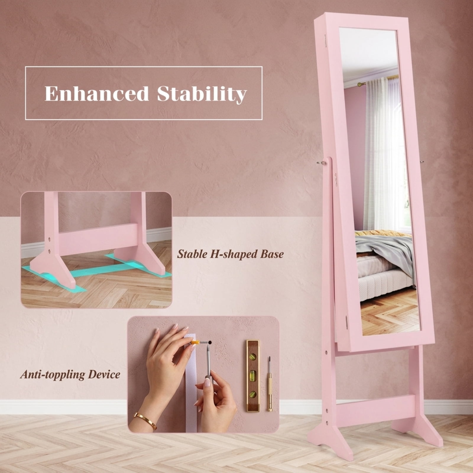 Furnibear Mirrored Standing Jewelry Cabinet Storage Box for Bedroom Dressing Room Jewelry Necklace Rings Storage Mirror, Pink