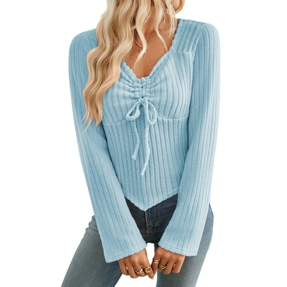 Women'S Y2k Aesthetic Trendy Long Sleeve Shirt Cute Ruched Drawstring Slim Fit Pullover Tops Y2k Clothes Light Blue S
