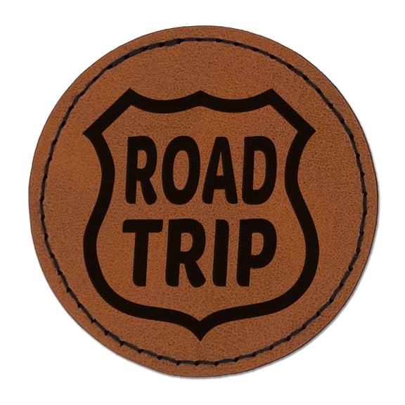 Road Trip Route Sign Travel 2.5" Faux Leather Round Engraved Iron-On Patch - Brown