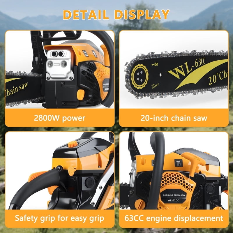 Ynce 20 Inch Gas Chainsaw, 63CC 2-Stroke Top Handle Gas Powered Chainsaw Petrol Handheld Cordless Chain Saw for Tree Wood Cutting