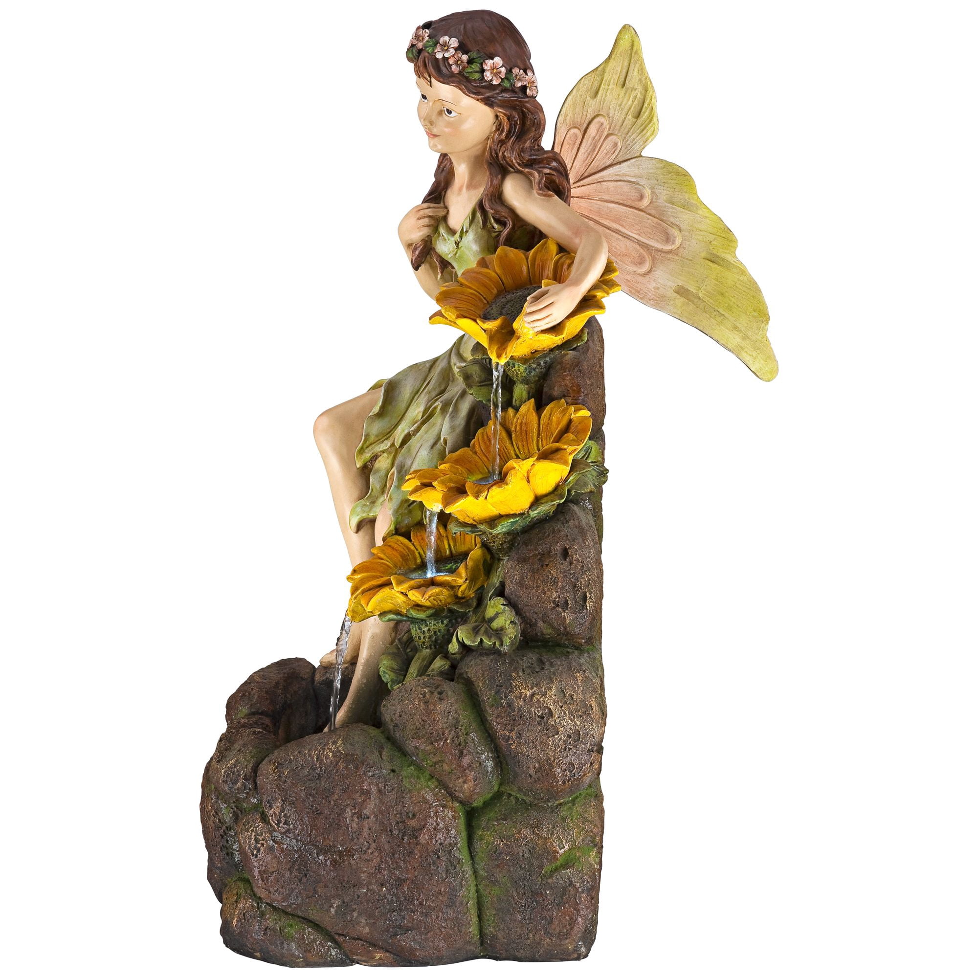 Garden Fairy with Sunflowers 26" High Large Modern Indoor Outdoor Decor Faux Stone Floor Fountain with Light LED