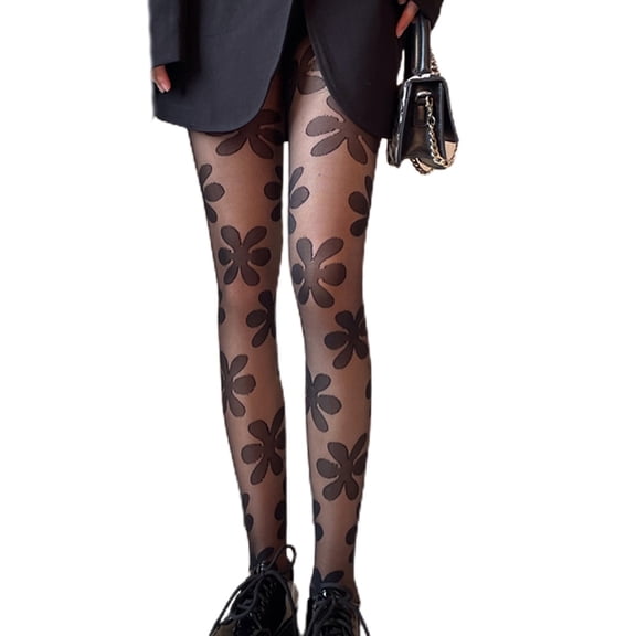 Women Goth Punk Black Pantyhose Harajuku Big Flower Patterned Sheer Tights Jacquard LolitaSe--See-Through Leggings