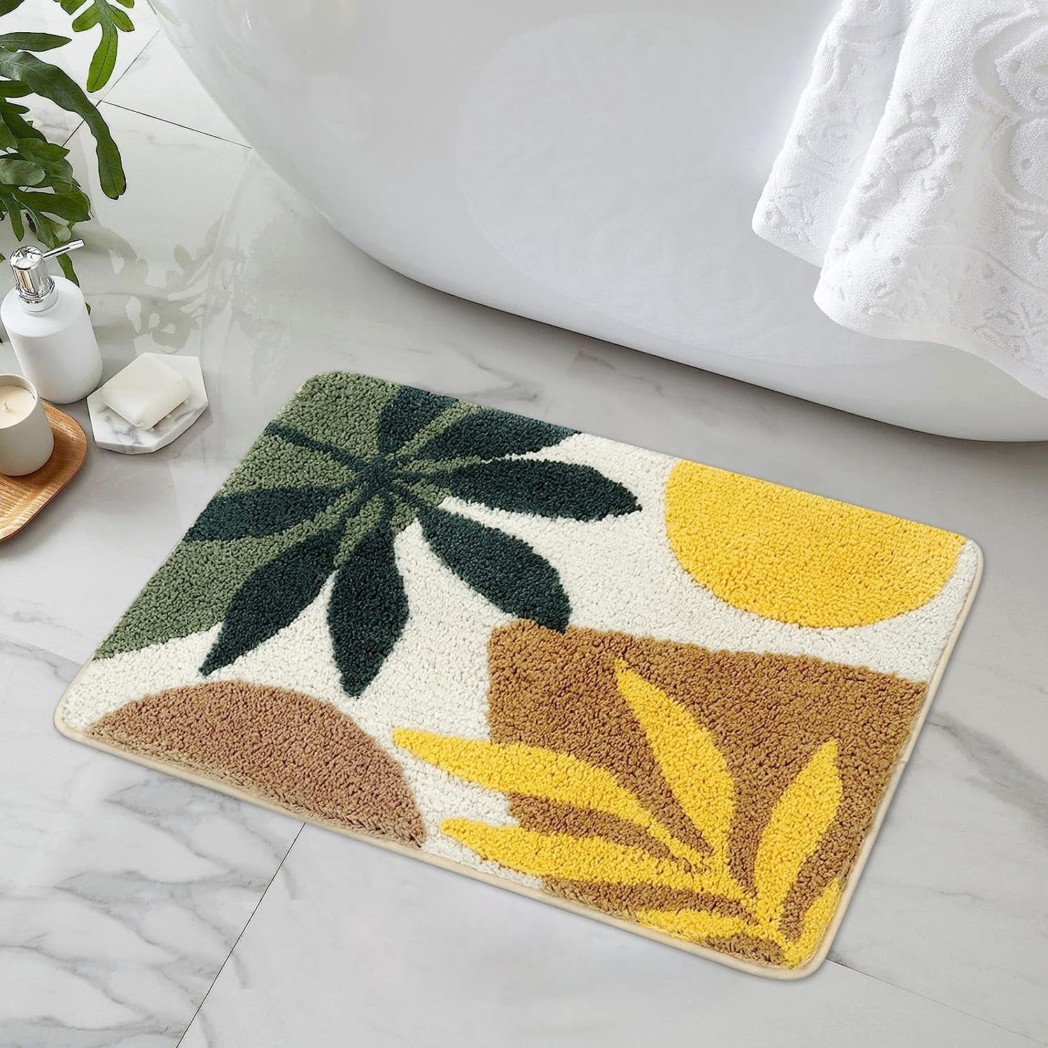 Boho Bathroom Rugs Brown Modern Abstract Leaves Bath Mat Non Slip Water ...