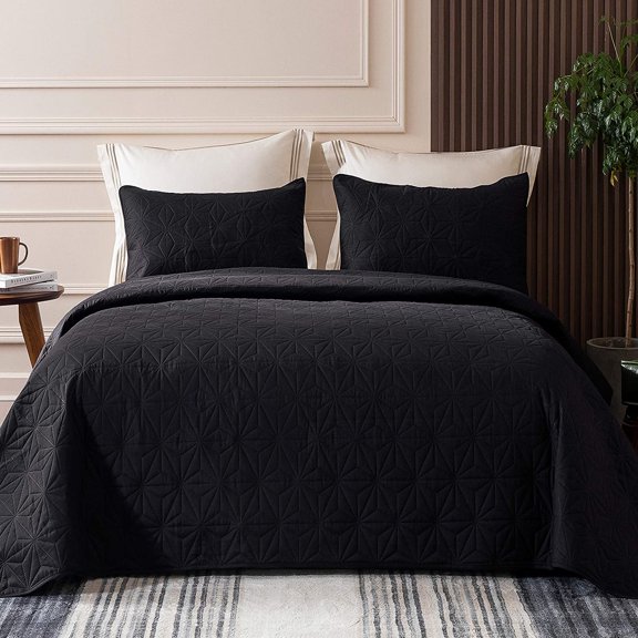Microfiber King Size (92x104 inches) Quilt Set Lightweight Quilted Bedspreads Coverlets Set with Stars Pattern, Black, 3 Piece (1 Quilt, 2 Shams)