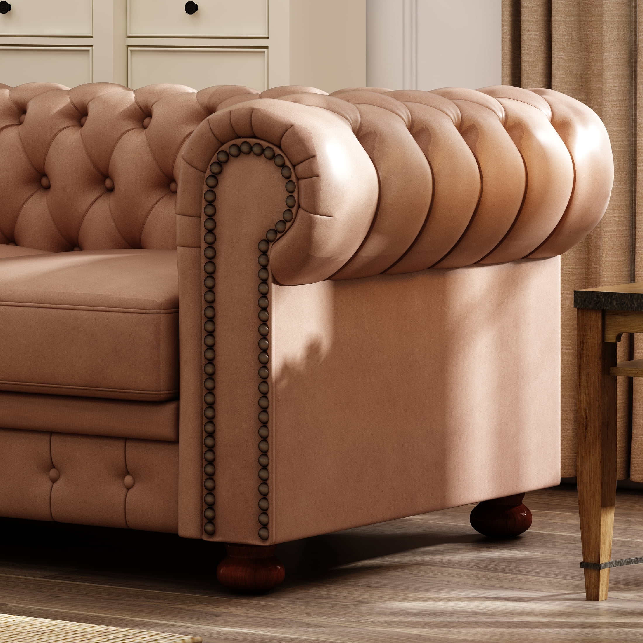 Noodeniya Chesterfield Sofa with Rolled Arms, Upholstered Sofa Padded Seat, Button Tufted Sofa with Nailhead Trim and Backrest, Faux Leather Couch, Brown