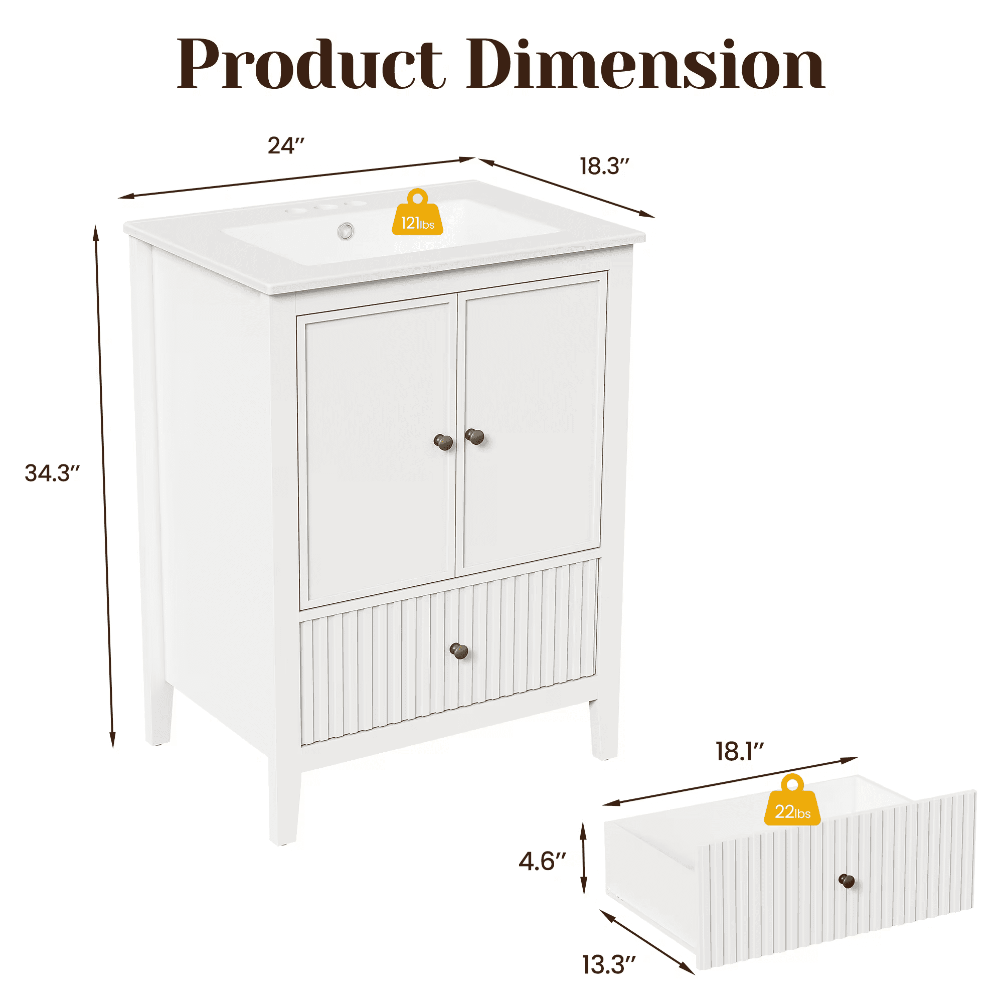 Mintazer 24 Inch Fluted Bathroom Vanity Cabinet with Ceramic Sink, Modern Farmhouse Single Sink Bath Vanity with Storage Cabinet & Drawer, White